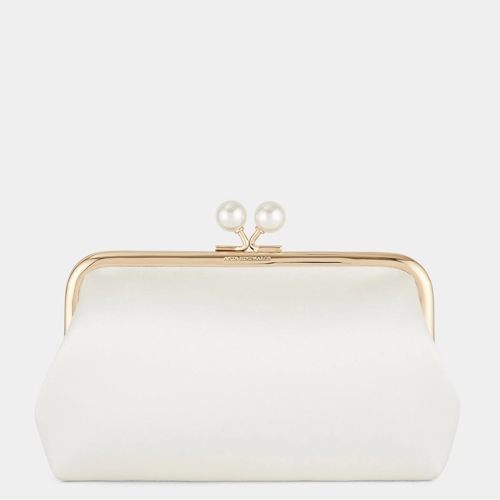 Anya Hindmark Maud Pearls Clutch in Ivory Recycled Satin